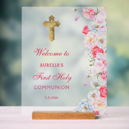 Elegante Waterverf Bloemen Eerste Communie Welkom Acryl Bord