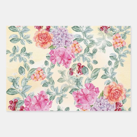 Elegante Waterverf Bloemen en bessen Assorted Inpakpapier Vel (Voorkant)