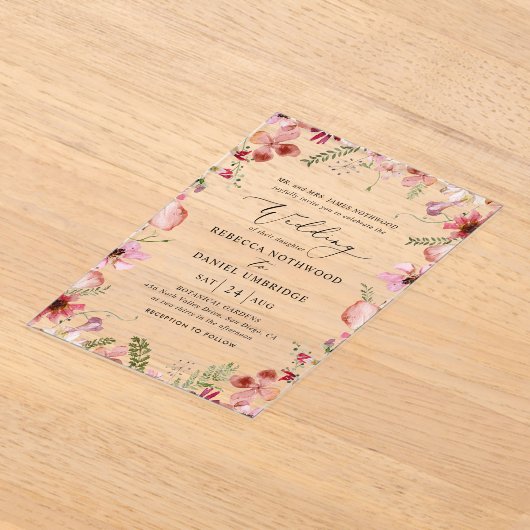 Elegante Waterverf Bloemen en groen bruiloft Acryl Uitnodigingen (Laagn)