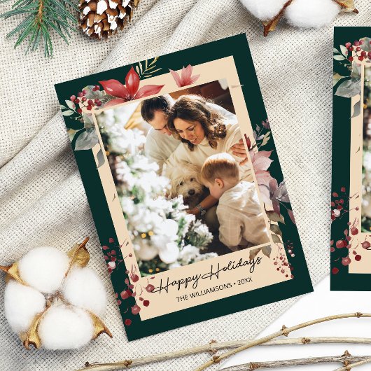 Elegante Waterverf Bloemen Foto Kerst Kaart