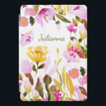 Elegante Waterverf Bloemen Gepersonaliseerde naam  iPad Pro Cover<br><div class="desc">Elegant Geel Roze Waterverf Floral Gepersonaliseerd Hoesje</div>