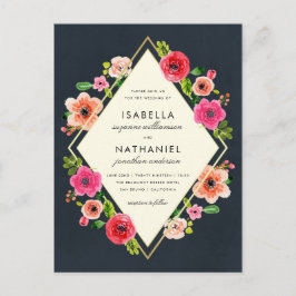 Elegante Waterverf bloemen | Gouden Lijsten bruilo Briefkaart