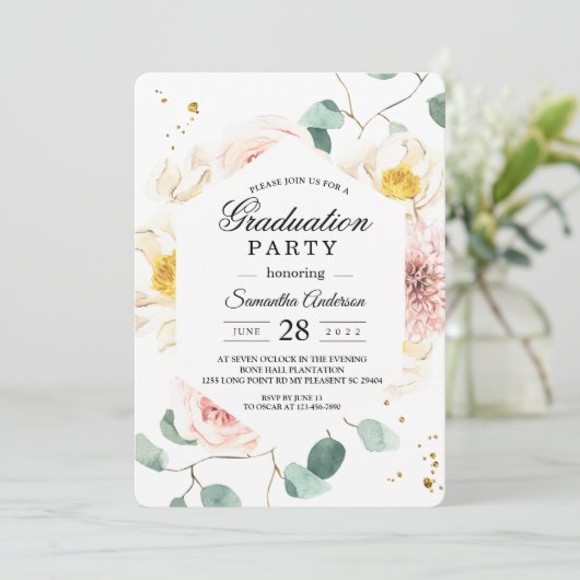 Elegante Waterverf Bloemen Graduation Party Kaart (Staand voorkant)