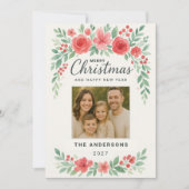 Elegante Waterverf Bloemen Kerstkaart (Voorkant)