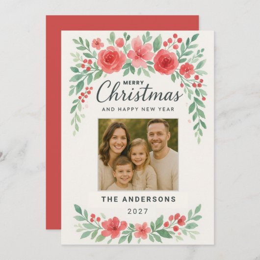 Elegante Waterverf Bloemen Kerstkaart (Voorkant / Achterkant)