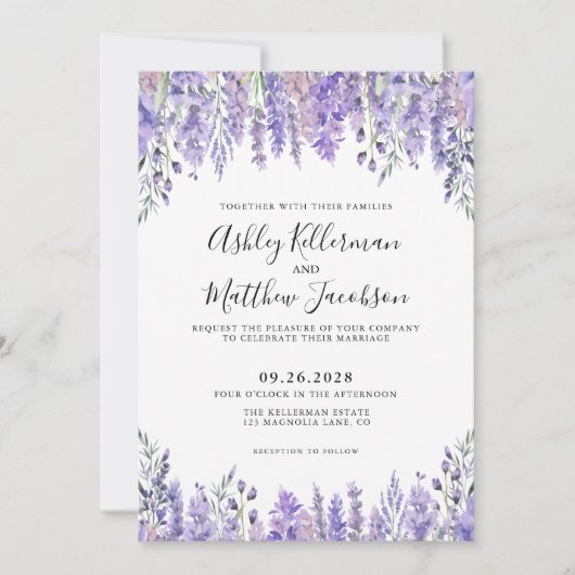 Elegante Waterverf Bloemen Lavendel bruiloft Kaart (Voorkant)