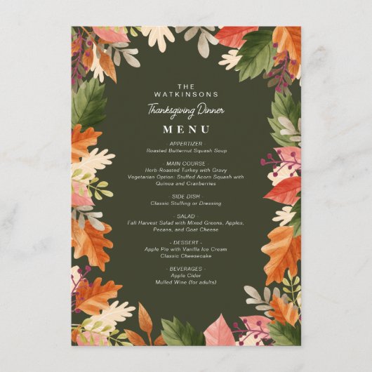 Elegante waterverf Bloemen lijst Thanksgiving Menu (Voorkant)