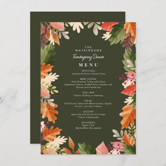 Elegante waterverf Bloemen lijst Thanksgiving Menu (Voorkant / Achterkant)