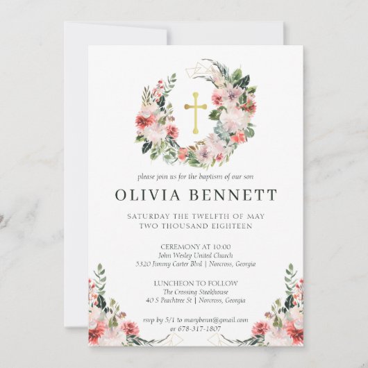 Elegante Waterverf Bloemen Meisje Doopuitnodiging Kaart (Voorkant)