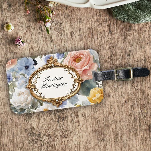 Elegante Waterverf Bloemen met Gouden Lijst Bagagelabel