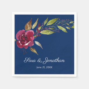 Elegante Waterverf Bloemen Navy Blauwe Trouw Servet