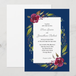 Elegante Waterverf Bloemen Navy Blauwe Trouwdag Kaart