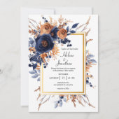 Elegante Waterverf Bloemen Navy Blue Rust Wedding Kaart (Voorkant)