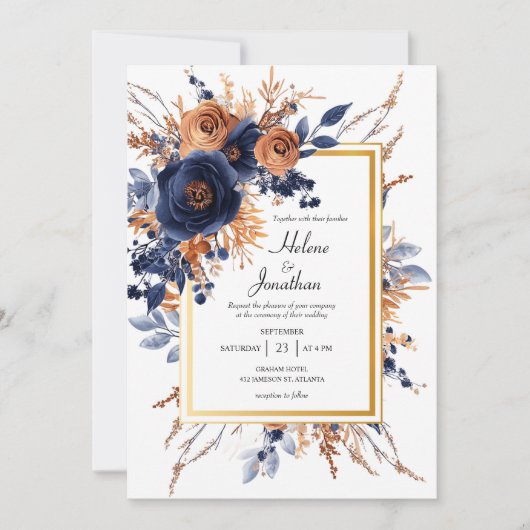 Elegante Waterverf Bloemen Navy Blue Rust Wedding Kaart (Voorkant)