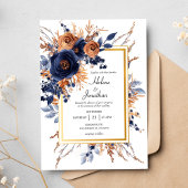 Elegante Waterverf Bloemen Navy Blue Rust Wedding Kaart