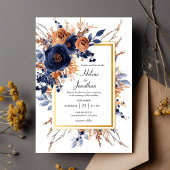 Elegante Waterverf Bloemen Navy Blue Rust Wedding Kaart