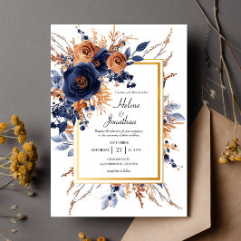 Elegante Waterverf Bloemen Navy Blue Rust Wedding Kaart