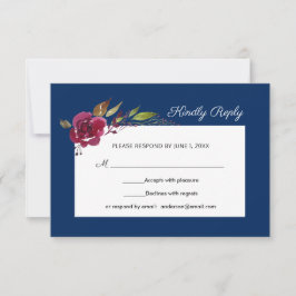 Elegante Waterverf Bloemen Navyblauw Trouw RSVP Kaartje
