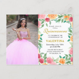Elegante Waterverf Bloemen Quinceanera Foto Uitnodiging Briefkaart