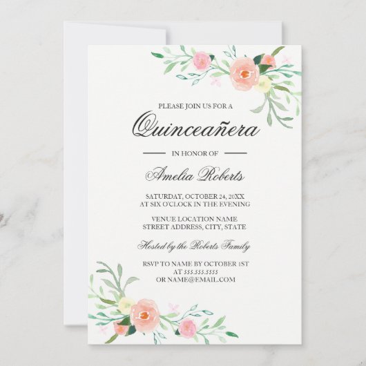 Elegante Waterverf Bloemen Quinceanera Invitation Kaart (Voorkant)