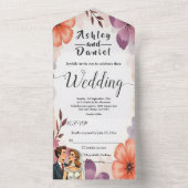 Elegante Waterverf Bloemen Romantisch Paar Trouwen All In One Uitnodiging (Binnen)