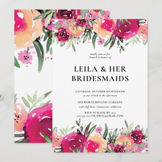 Elegante Waterverf Bloemen Roze Bruidsmeisjes Brun Kaart (Voorkant / Achterkant)