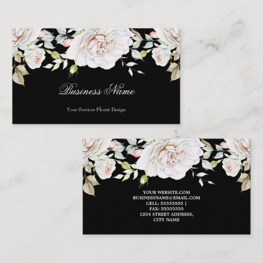 Elegante Waterverf Bloemen Roze Witte Rozen Zwart Visitekaartje (Voorkant / Achterkant)