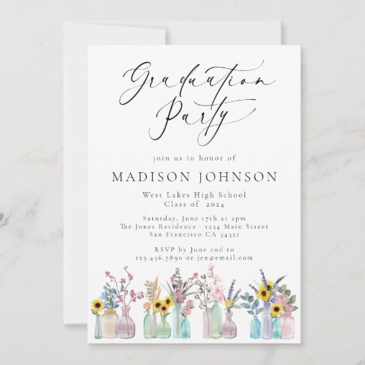 Elegante Waterverf Bloemen Script Graduation Party Kaart (Voorkant)