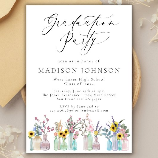 Elegante Waterverf Bloemen Script Graduation Party Kaart