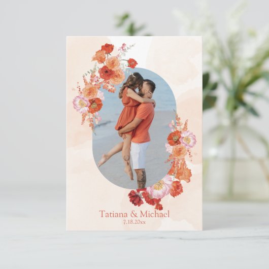 Elegante waterverf Bloemen sinaasappel Bruine Arch Save The Date (Staand voorkant)