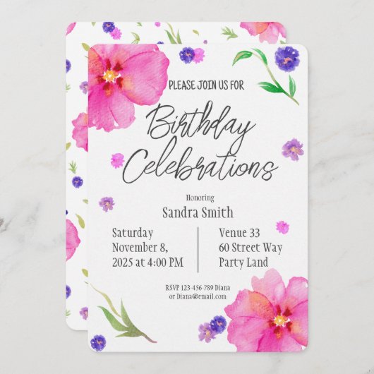 Elegante Waterverf Bloemen Verjaardagsuitnodiging Kaart (Voorkant / Achterkant)