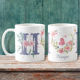 Elegante Waterverf Bloemen Vlinder Monogram H Koffiemok