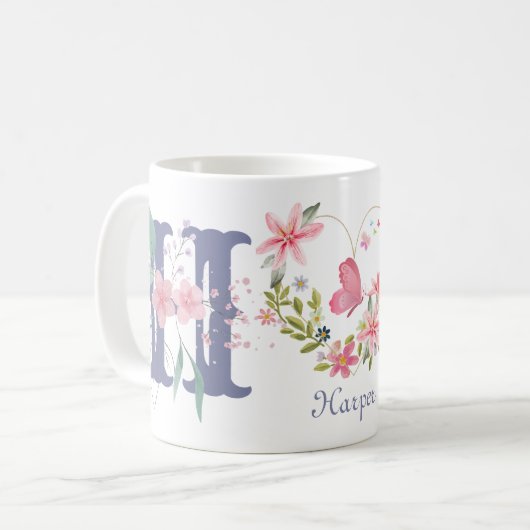 Elegante Waterverf Bloemen Vlinder Monogram H Koffiemok (Voorkant links)