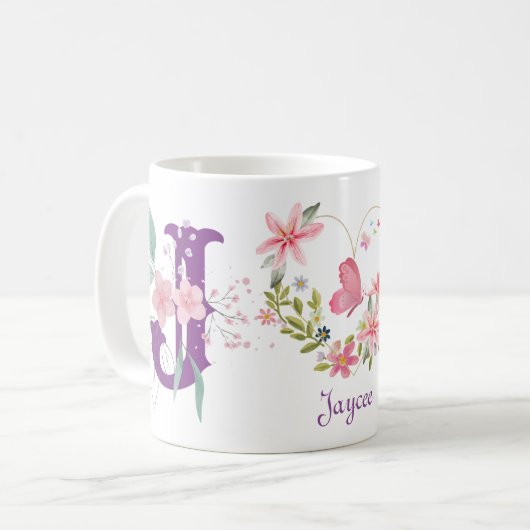 Elegante Waterverf Bloemen Vlinder Monogram J Koffiemok (Voorkant links)