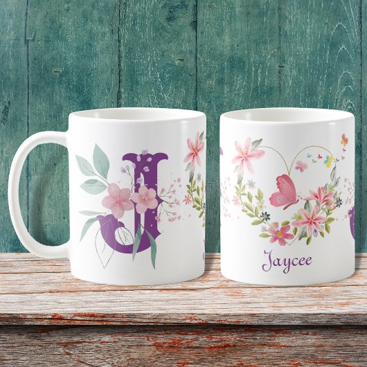 Elegante Waterverf Bloemen Vlinder Monogram J Koffiemok