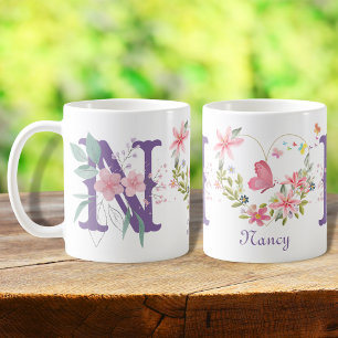 Elegante Waterverf Bloemen Vlinder Monogram N Koffiemok