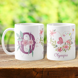 Elegante Waterverf Bloemen Vlinder Monogram O Koffiemok