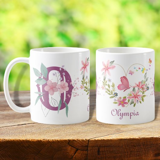 Elegante Waterverf Bloemen Vlinder Monogram O Koffiemok