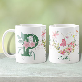 Elegante Waterverf Bloemen Vlinder Monogram P Koffiemok