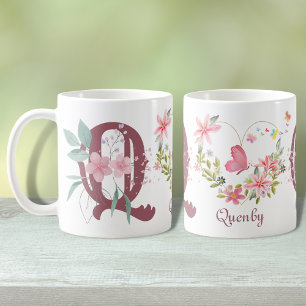 Elegante Waterverf Bloemen Vlinder Monogram Q Koffiemok