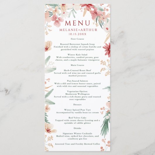 Elegante Waterverf Bloemen Winter Kerstbruiloft Menu (Voorkant)