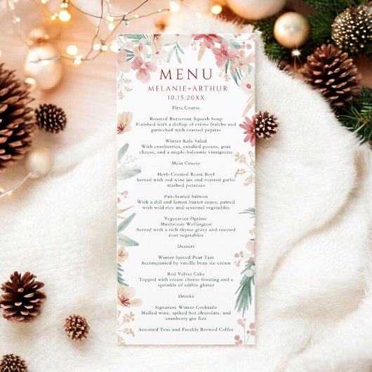 Elegante Waterverf Bloemen Winter Kerstbruiloft Menu