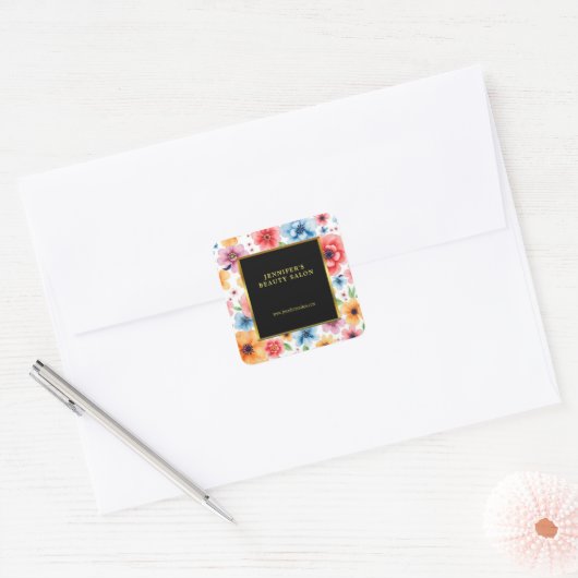 Elegante waterverf bloemen witgoud professional vierkante sticker (Envelop)