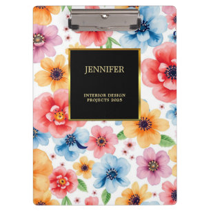 Elegante waterverf bloemen zwart goud professional klembord