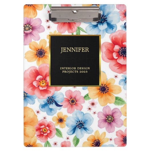 Elegante waterverf bloemen zwart goud professional klembord (Voorkant)