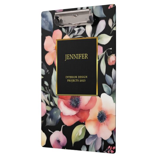 Elegante waterverf bloemen zwart goud professional klembord (Links)