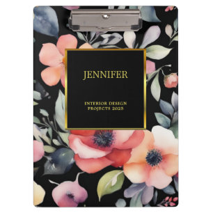 Elegante waterverf bloemen zwart goud professional klembord