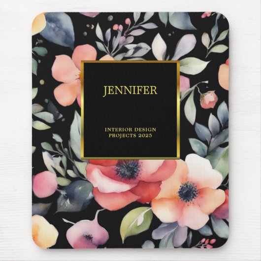 Elegante waterverf bloemen zwart goud professional muismat (Voorkant)