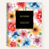 Elegante waterverf bloemen zwart goud professional notitieboek (Voorkant)