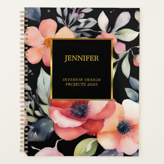 Elegante waterverf bloemen zwart goud professional planner (Voorkant)